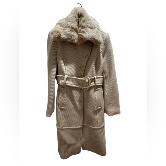 NWOT Bebe Beige Coat Wool with detachable Rabbit Fur collar. Size M - Picture 1 of 15
